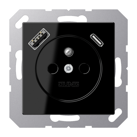 Jung A1520F-15CASW socket, French/Belgian system 16 A 250 V ~, with USB charger 1 x type A + 1 x type C, integrated increased contact protection, SAFETY+, series