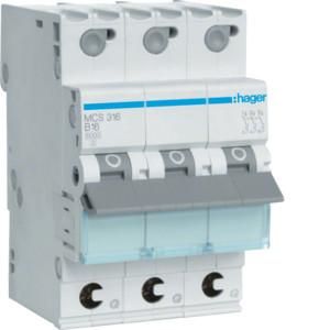 Hager MCS316 miniature circuit breaker 3-pole C16A 6kA QC 3M