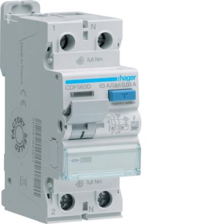 Hager CDF563D 2P 10kA 63A 30mA Type F residual current circuit breaker