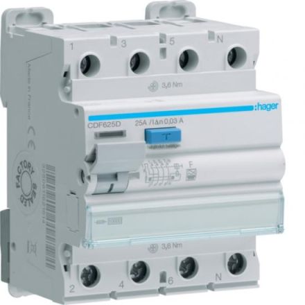 Hager CDF625D 4P 10kA 25A 30mA Type F residual current circuit breaker