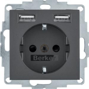 Berker 48031606 ZP socket 1f anthracite with USB UP horiz IP20