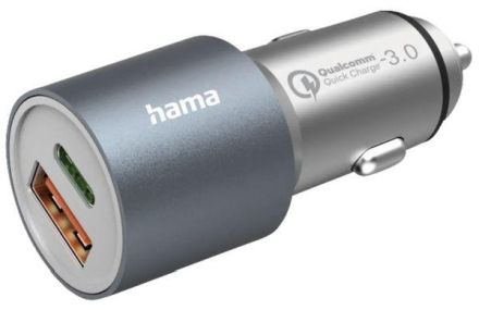 Hama 201639 1x USB-C PD, 1x USB-A QC, 38 W, metal car fast charger