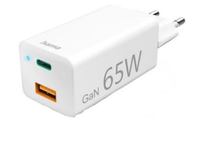 Hama 201643 GaN, 1x USB-C PD, 1x USB-A QC, 65 W, white fast charger