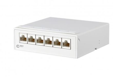 METZ CONNECT E-DAT C6A6 6xRJ45 Cat.6A-ISO pure white patch panel surface-mounted distributor, 130862-21C-E