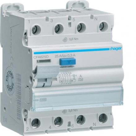 Hager CFA625D 4P 10kA 25A 300mA Type A residual current circuit breaker