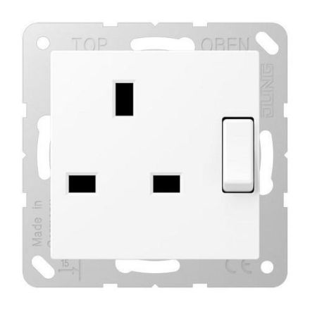 Jung A3171WWM switchable socket, British Standard, 13 A 250 V ~, screw terminals BS 1363-1, 4 mm2, without claws, integrated increased contact protection, SAFETY+