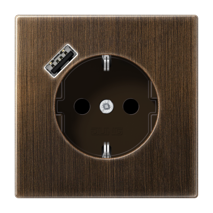Jung ME1520-18AAT SCHUKO socket 16 A 250 V ~, with USB charger 1 x type A, integrated increased contact protection, SAFETY+, LS series, antique brass