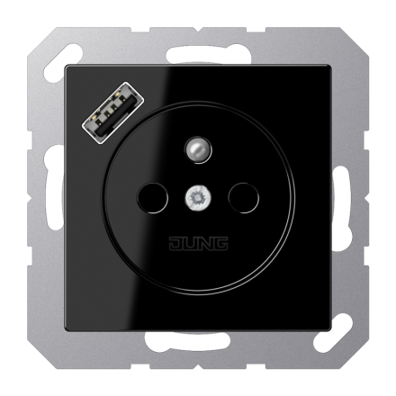 Jung A1520F-18ASW socket, French/Belgian system 16 A 250 V ~, with USB charger 1 x type A, integrated increased contact protection, SAFETY+, series A, black