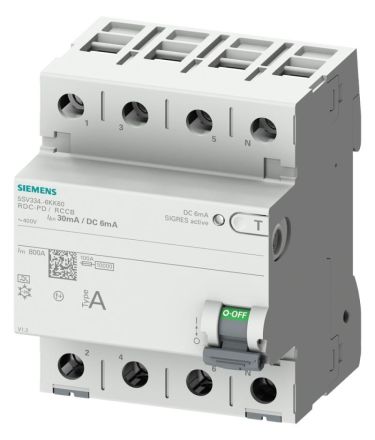 Siemens 5SV3344-6KK60 4-p. Type A In:40A 30mA 6mA DC Un AC:400V residual current circuit breaker