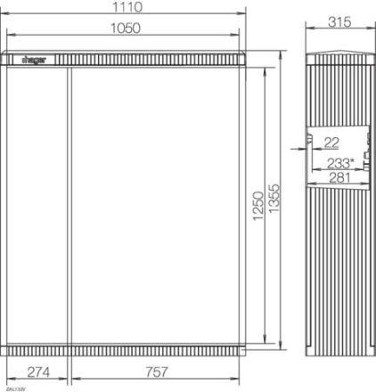 Hager ZAL132V cable distribution cabinet size 2/1355 asy. door 315x1110x1355