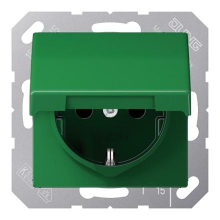 Jung AS1520BFKIKLGN SCHUKO socket, 16 A 250 V ~, without claws, integrated increased contact protection, SAFETY+, hinged lid, thermoplastic, AS series, green (for SV)