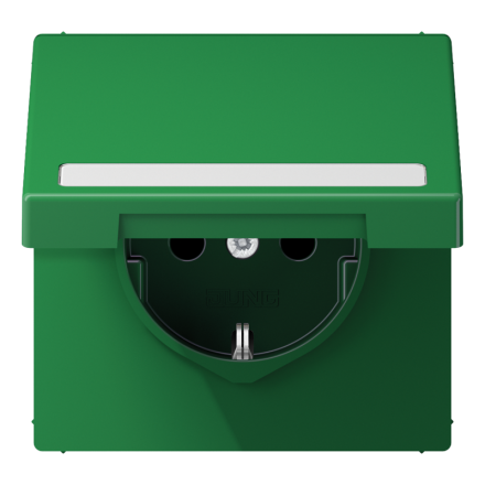 Jung LS1520BFNAKLGN SCHUKO socket, 16 A 250 V ~, with label field, integrated increased contact protection, SAFETY+, hinged lid, thermoplastic, LS series, green (for SV)