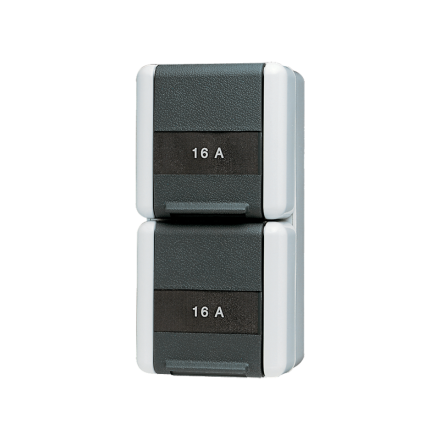 Jung 822NAW SCHUKO® double socket, 2 cable entries, 2 individual covers, 16 A 250 V ~, with label field, hinged cover, vertical, IP 44, WG 800