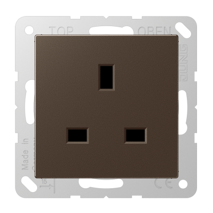 Jung A3521MO socket, 13 A 250 V ~, screw terminals BS 1363-1, 4 mm2, without claws, integrated increased contact protection, SAFETY+, Series A, mocha