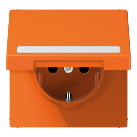 Jung LS1520BFNAKLO SCHUKO socket, 16 A 250 V ~, with label field, integrated increased contact protection, SAFETY+, hinged lid, thermoplastic, LS series, orange (for ZSV)