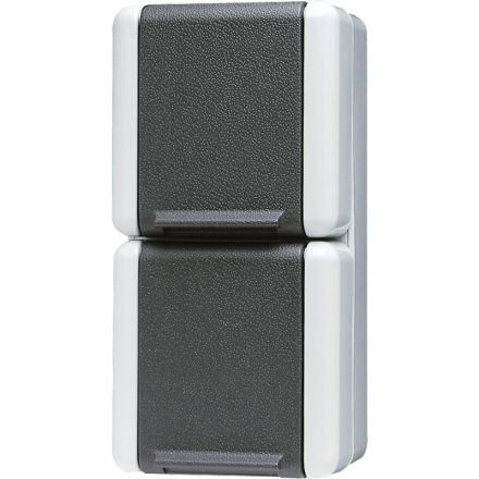Jung 822W SCHUKO® double socket, 2 cable entries, 2 individual covers, 16 A 250 V ~, hinged cover, vertical, IP 44, WG 800
