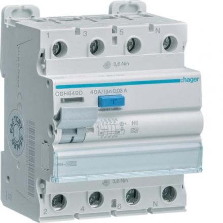 Hager CDH640D 4P 10kA 40A 30mA Type HI residual current circuit breaker