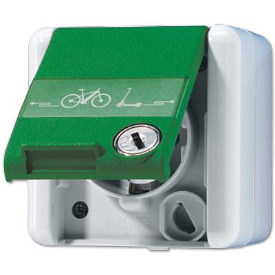 Jung 820GNNAWSLEB SCHUKO socket, 16 A 250 V ~ with e-bike charging symbol, with label field, hinged lid, with security lock, IP 44, WG 800