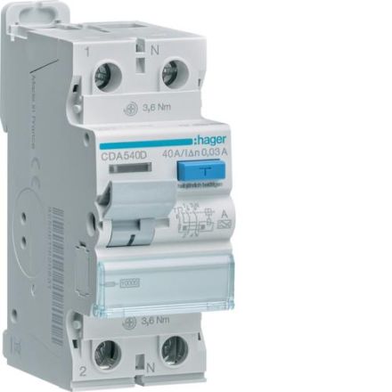 Hager CDA540D 2P 10kA 40A 30mA Type A residual current circuit breaker