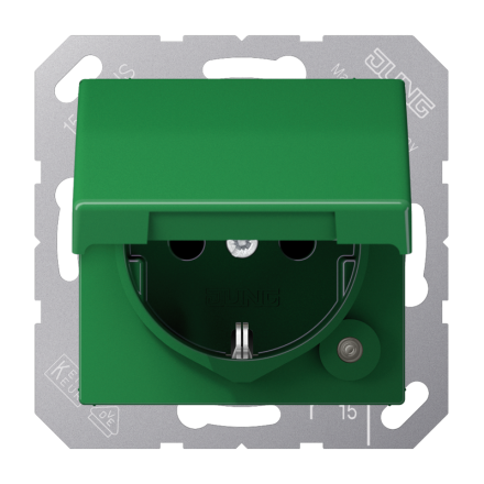Jung AS1520BFKLGN SCHUKO socket, 16 A 250 V ~, hinged cover, thermoplastic, AS series, green (for SV)