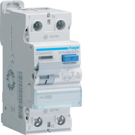 Hager CGA540D 2P 10kA 40A 500mA Type A residual current circuit breaker