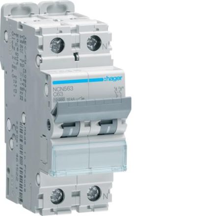 Hager NCN563 circuit breaker 1-pole +N C63A 10kA 2M