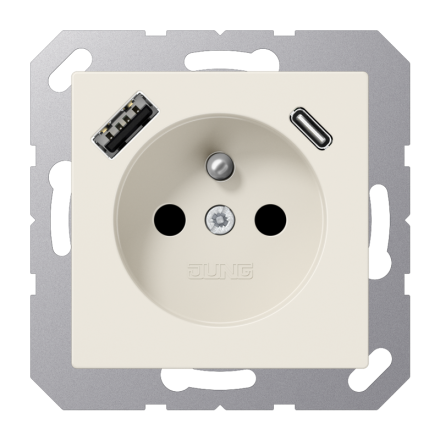 Jung A1520F-15CA socket, French/Belgian system 16 A 250 V ~, with USB charger 1 x type A + 1 x type C, integrated increased contact protection, SAFETY+, series