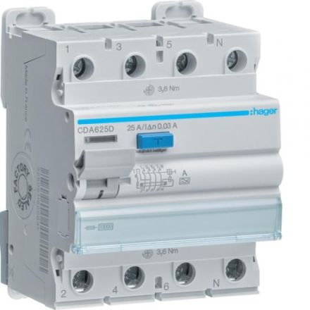 Hager CDA625D 4P 10kA 25A 30mA Type A residual current circuit breaker