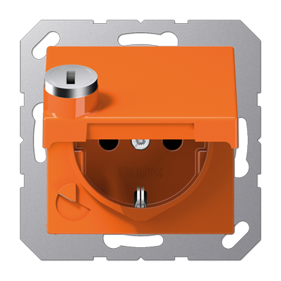 Jung A1520BFKLSLO SCHUKO socket, 16 A 250 V ~, integrated increased contact protection, SAFETY+, hinged lid, with safety lock, thermoplastic, Series A, orange (for