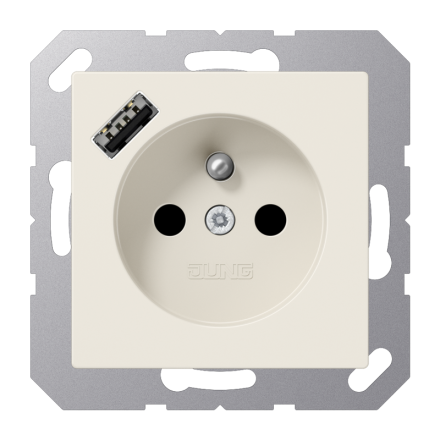 Jung A1520F-18A socket, French/Belgian system 16 A 250 V ~, with USB charger 1 x type A, integrated increased contact protection, SAFETY+, AS series, white