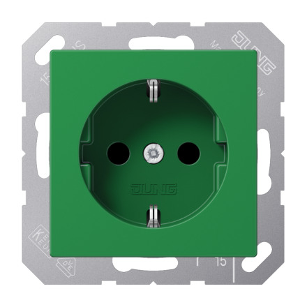 Jung A1520BFKIGN SCHUKO socket, 16 A 250 V ~, integrated increased contact protection, SAFETY+, thermoplastic, AS/A series, green (for SV)