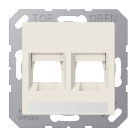 Jung A1569-2NAWE cover (latched) for modular jack sockets 2-way, UMA-CAT6A, RADIALL, Panduit, Assmann, with label field, thermoplastic, AS series, white