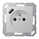 Jung A1520F-18AAL socket, French/Belgian system 16 A 250 V ~, with USB charger 1 x type A, integrated increased contact protection, SAFETY+, series A, aluminiu