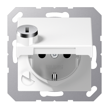 Jung A1520BFKLSLWW SCHUKO socket, 16 A 250 V ~, integrated increased contact protection, SAFETY+, hinged lid, with safety lock, thermoplastic, series A, alpine white