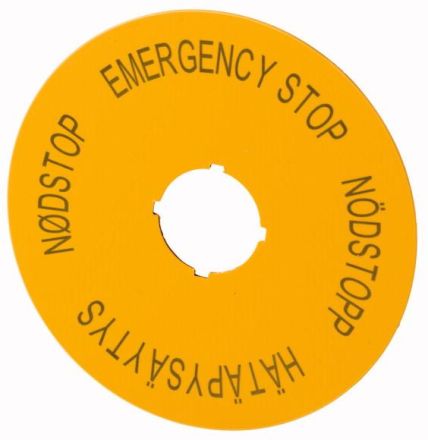 Eaton M22-XAK14 sign, EMERGENCY STOP, D = 90 mm, yellow, EN, SV, FI, DA , 121088