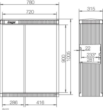 Hager ZAL101V cable distribution cabinet size 1/1005 asym.door 315x780x1005