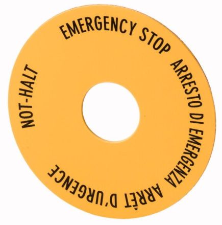 Eaton SRT11 sign, EMERGENCY STOP, H x W = 50 x 50 mm, yellow, DE, EN, FR, IT, 121374