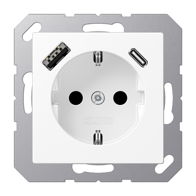 Jung A1520-15CAWWM SCHUKO socket 16 A 250 V ~, with USB charger 1 x type A + 1 x type C, integrated increased contact protection, SAFETY+, series A, snow white matt