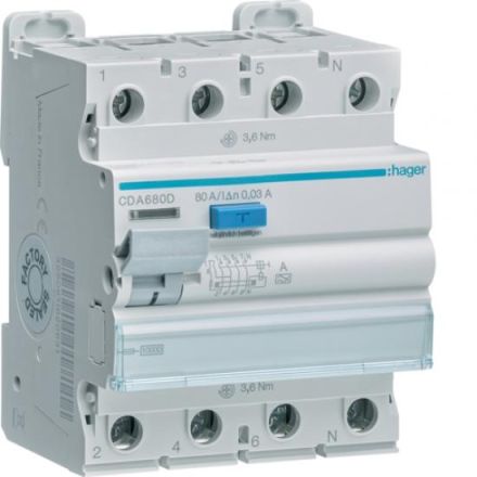 Hager CDA680D 4P 10kA 80A 30mA Type A residual current circuit breaker
