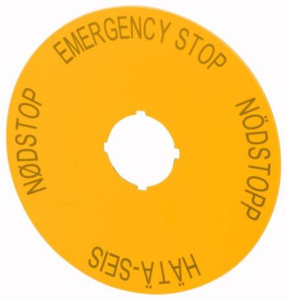 Eaton M22-XAK4 sign, EMERGENCY STOP, yellow, D = 90 mm, 4 languages, DE, SV, FI, DA , 216468