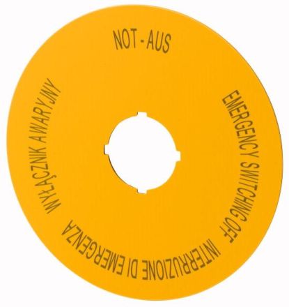 Eaton M22-XAK5 label, EMERGENCY STOP, D = 90 mm, yellow, PL, EN, DE, IT, 167641