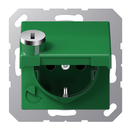 Jung AS1520BFKLSLGN SCHUKO socket, 16 A 250 V ~, integrated increased contact protection, SAFETY+, hinged lid, with safety lock, thermoplastic, AS series, green (for