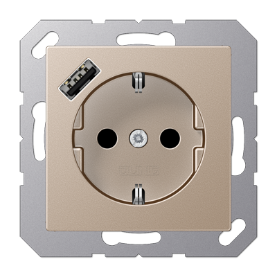 Jung A1520-18ACH SCHUKO socket 16 A 250 V ~, with USB charger 1 x type A, integrated increased contact protection, SAFETY+, series A, champagne