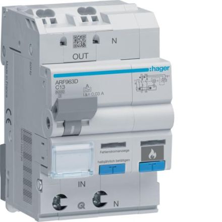 Hager ARF963D AFDD FI-LS 1P+N 6kA C-13A 30mA arc fault protective device