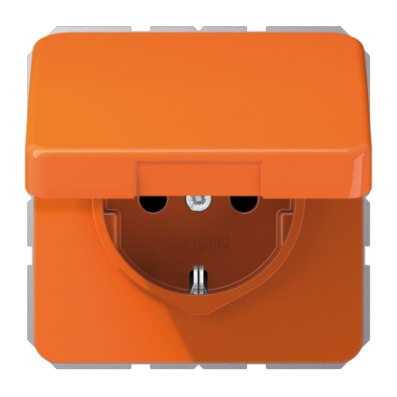 Jung CD1520BFKIKLO SCHUKO socket, 16 A 250 V ~, without claws, integrated increased contact protection, SAFETY+, hinged lid, thermoplastic, CD series, orange (for ZSV)