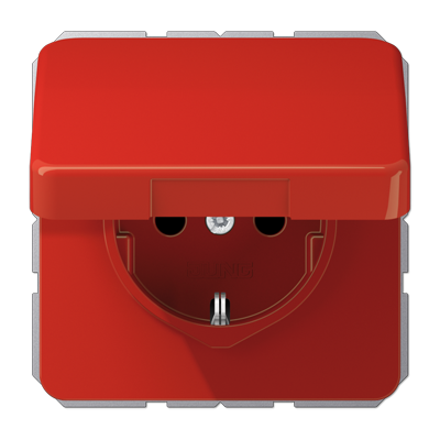 Jung CD1520BFKIKLRT SCHUKO socket, 16 A 250 V ~, without claws, integrated increased contact protection, SAFETY+, hinged lid, thermoplastic, CD series, red