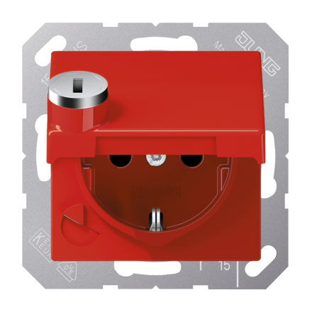 Jung AS1520BFKLSLRT SCHUKO socket, 16 A 250 V ~, integrated increased contact protection, SAFETY+, hinged lid, with safety lock, thermoplastic, AS/A series, red