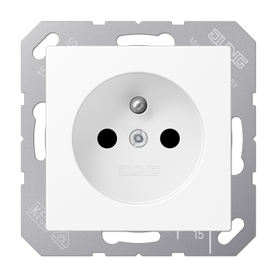 Jung A1520FBFKIWWM socket, French/Belgian system, 16 A 250 V ~, integrated increased contact protection, SAFETY+, thermoplastic painted, series A, snow white mat